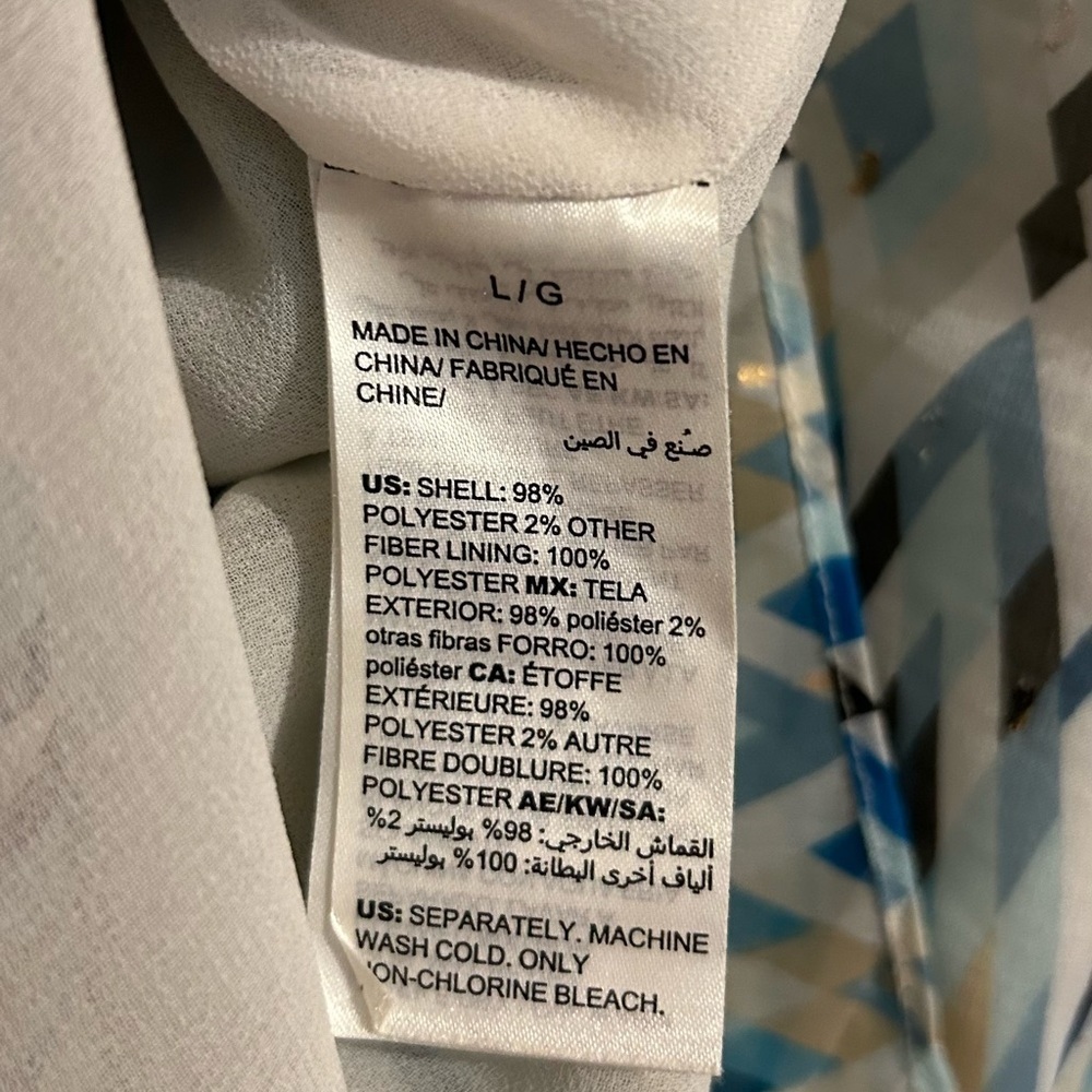 White House Black Market Off Shoulder white blue gold bell sleeve blouse s large - Picture 6 of 6